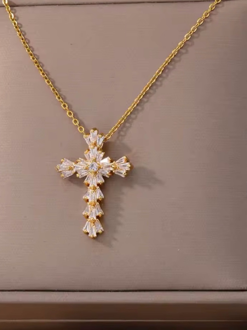 Gold Cross Pendant Necklace with Clear Crystal Accents - Picture 3 of 5